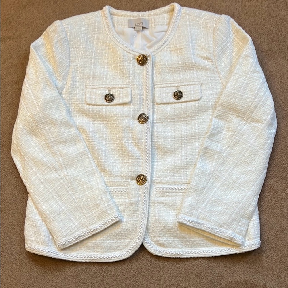 LOFT NWT Tweed Cream White Collarless Buttoned Jacket
